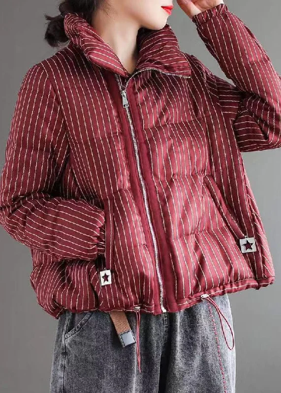 classic women's wool coat -Chic Red Striped Stand Collar zippered Winter Chiffon Puffers Jackets