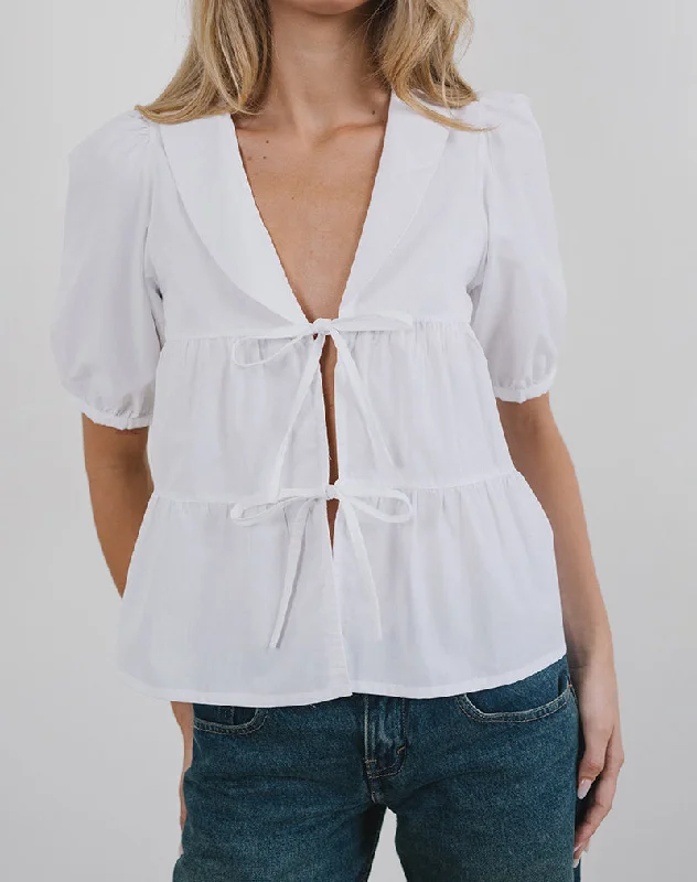 cozy ribbed sweater top for ladies -Medda Puff Sleeve Shirt in Poplin White