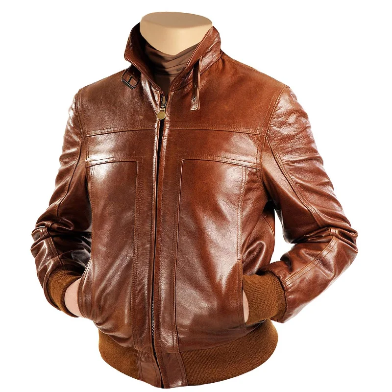 women's biker-style leather jacket -Womens Teresa Dark Sand Wash Leather Jacket With Rib Knit