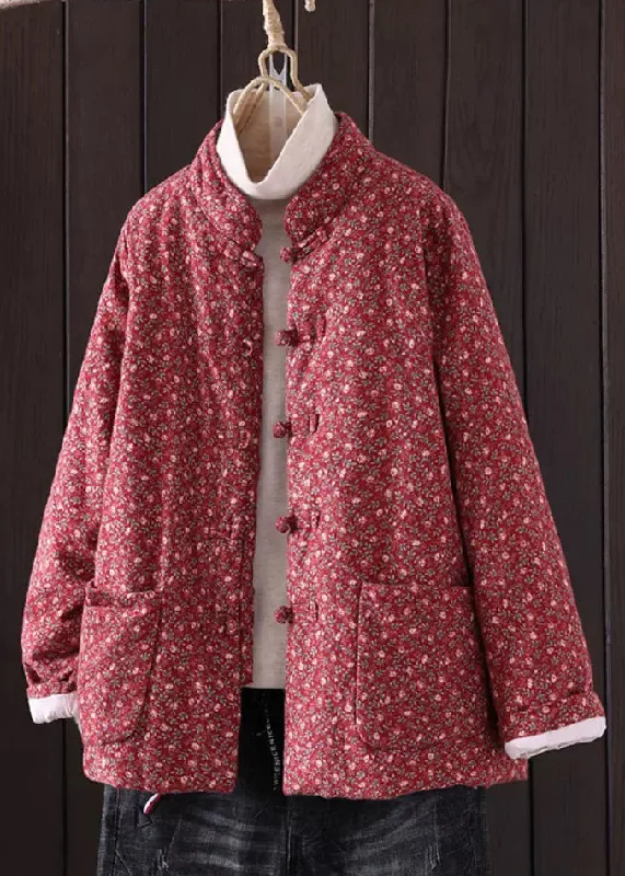 lightweight packable jacket for women -Art Red Print Button Pockets Thick Coat Winter