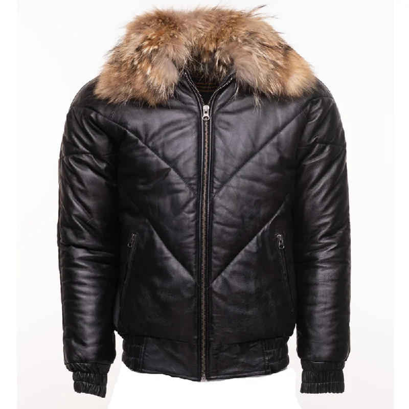 casual linen jacket for women -Black V-Bomber style Puffer Winter Leather Jacket with fur collar