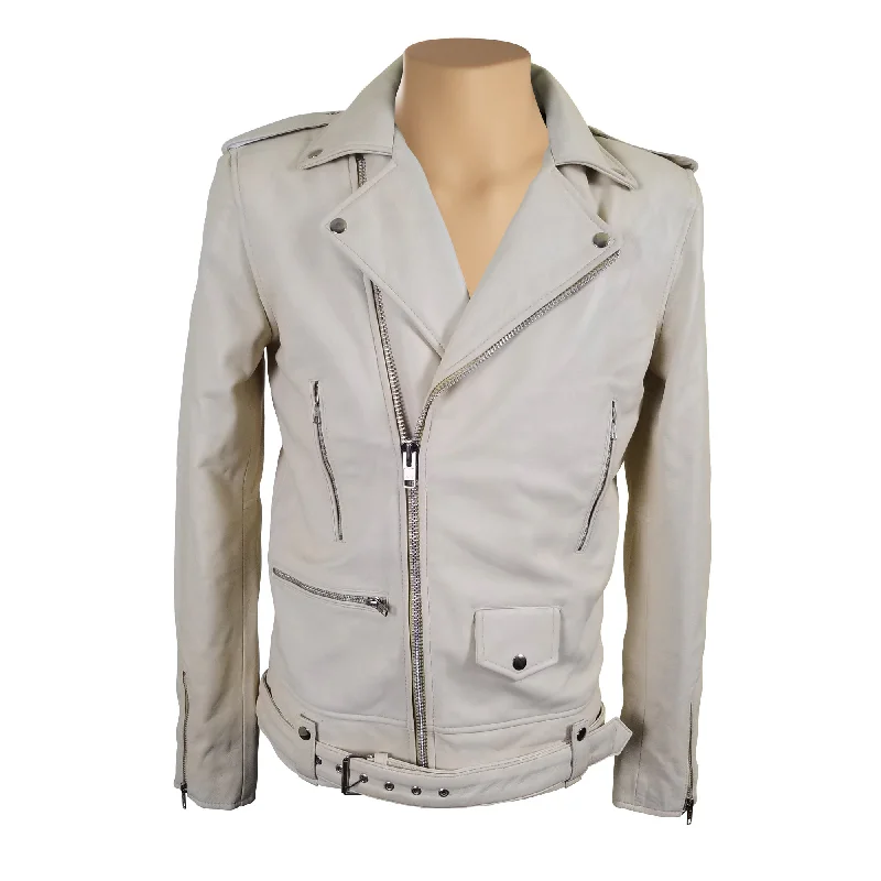 lightweight quilted jacket for women -Holman's Cream Biker leather jacket with waist belt