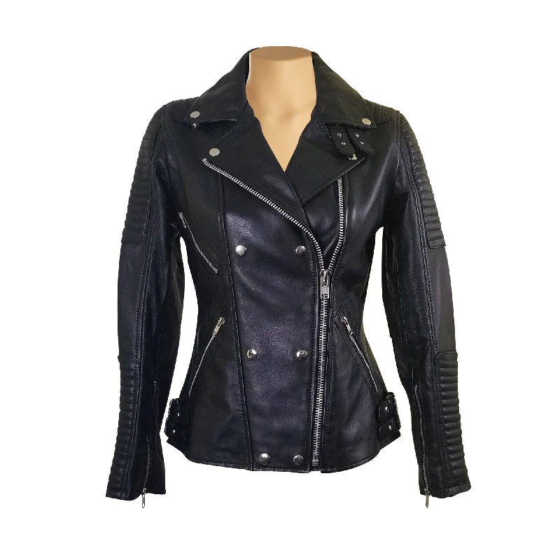 women's reversible coat -Michaela Biker style leather jacket with snap button closure