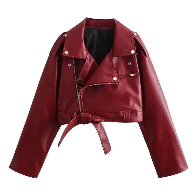 cozy oversized wrap coat for women -Asoare Brick Red Cozy Leather Jacket