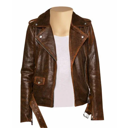 soft touch sherpa coat for women -Vintage Copper Biker Style Leather Jacket With Belt