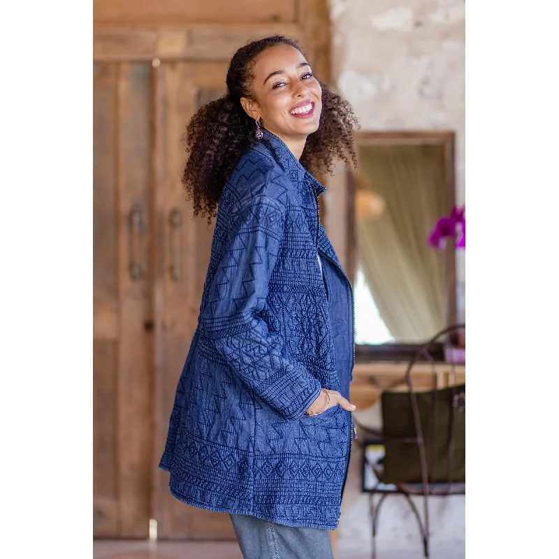 women's long trench coat -Novica Handmade Chandi Anorak Embroidered Cotton Denim Coat