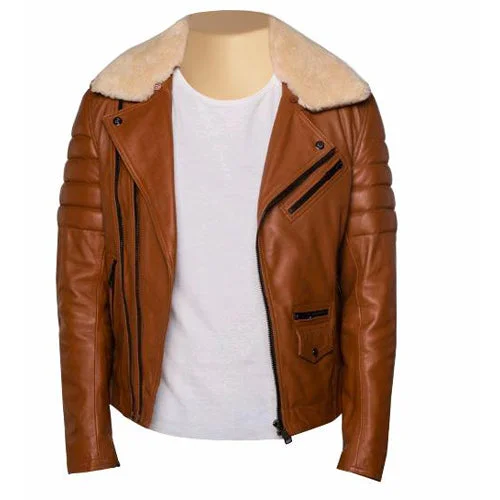 women's lightweight jacket -Woodwards English Tan Biker Jacket with Fur collar