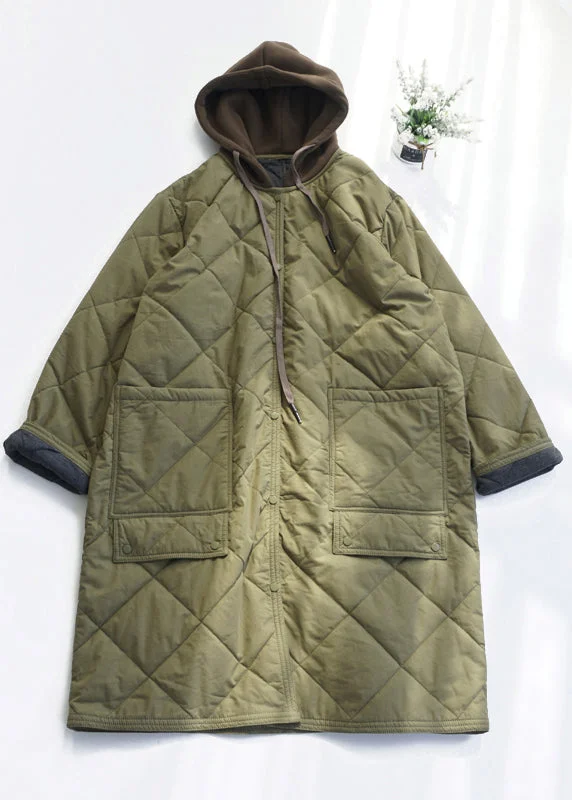 stylish leather jacket for women -Casual Army Green Pockets Fine Cotton Filled Hooded Coat Fall