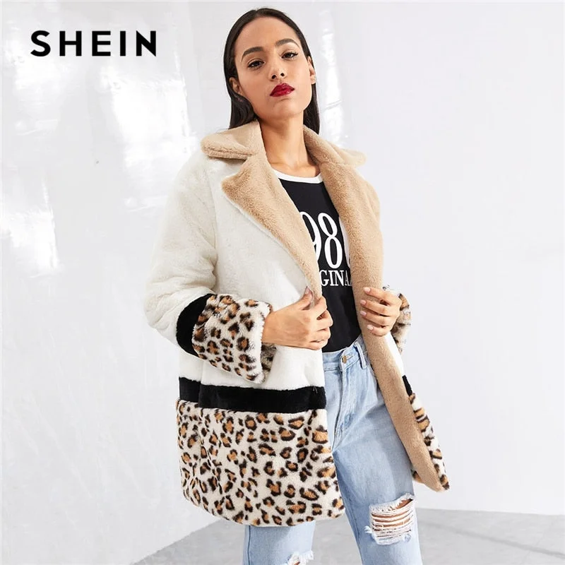 ladies' waterfall drape coat -Multicolor Highstreet Cut and Sew Leopard Panel Faux Fur Teddy Coat