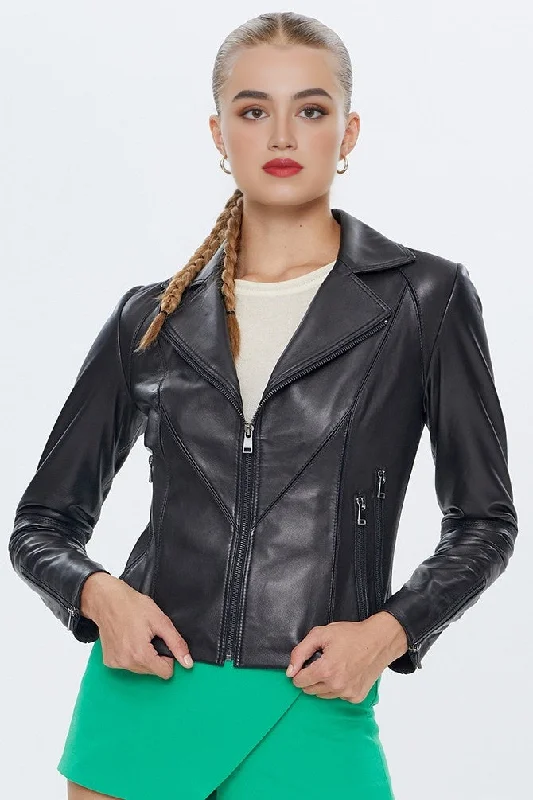 ladies' wool overcoat -Black Olivia Leather Jacket For Women's