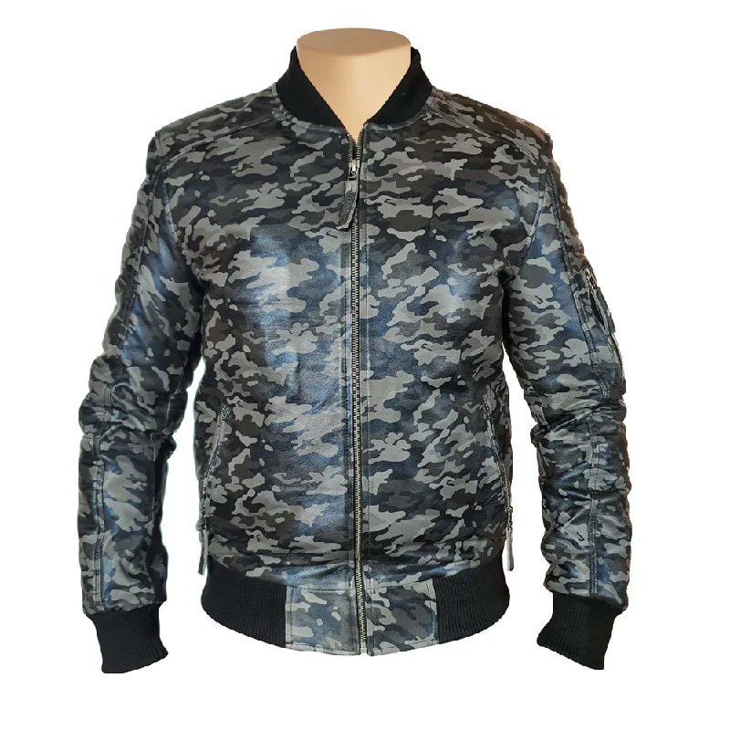 professional work blazer for women -Bomber Grey Camouflage Military print leather jacket