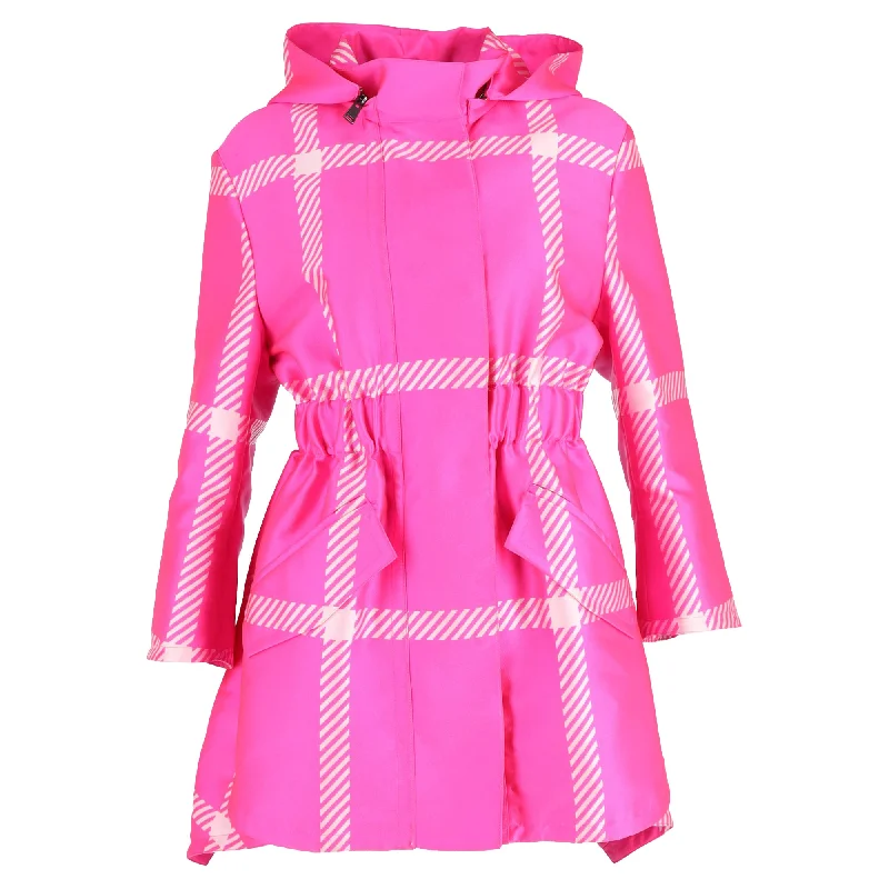 women's mid-length wool coat -Fendi Pop Tartan Raincoat with Hood in Pink Polyester