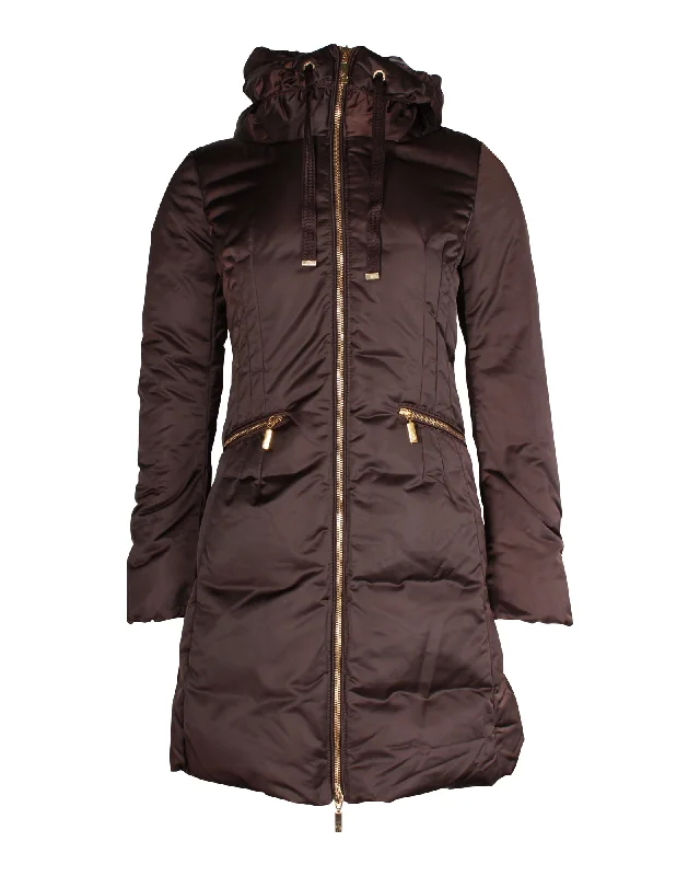 warm alpaca wool coat for ladies -Moncler Puffed Long Coat in Brown Polyester