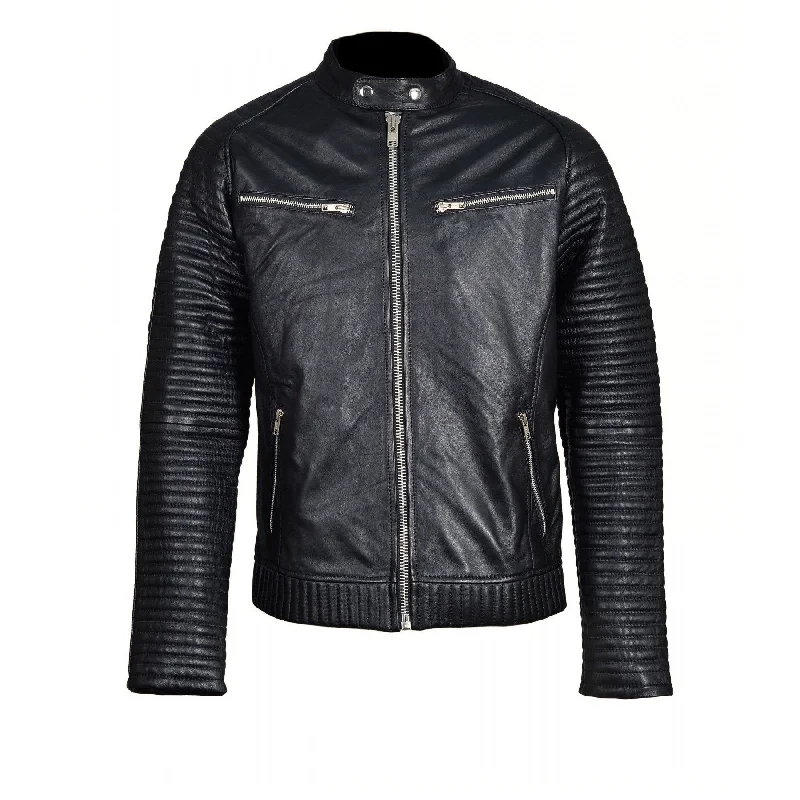 sleek minimalist coat for women -Haworths moto style leather jacket with ribbed stitched sleeves