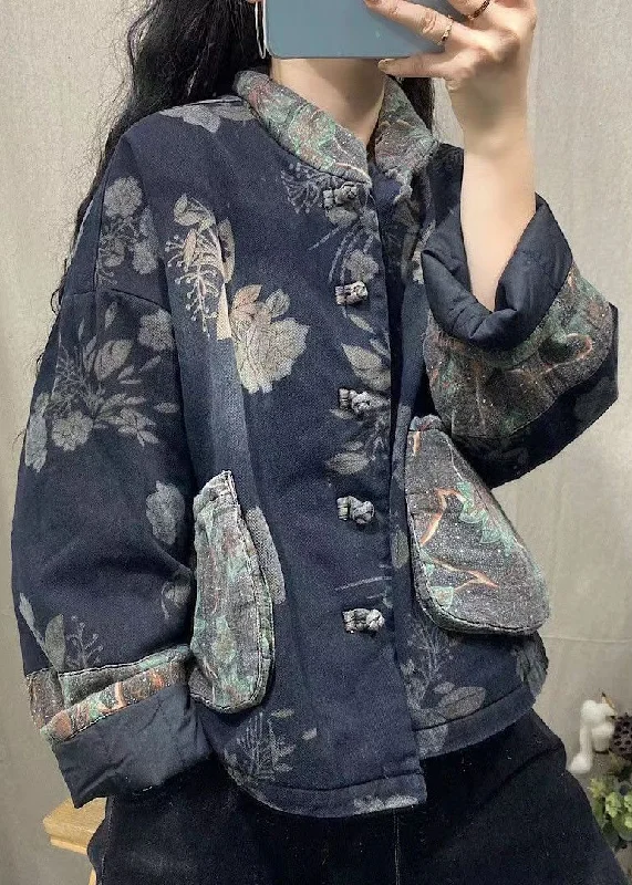 women's travel-friendly jacket -Vintage Navy Pockets Print Fine Cotton Filled Denim Jacket Spring