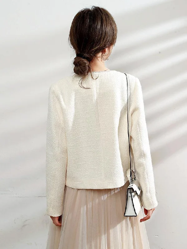 casual zip-up hoodie jacket for women -Spring Cream Light Tweed Blazer Jacket Coat