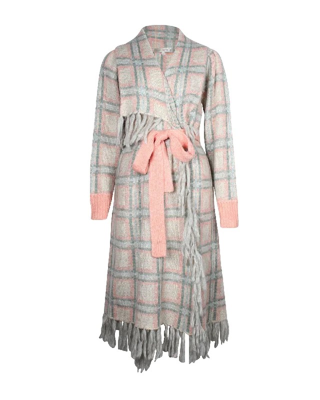 warm shearling coat for women -Love Shack Fancy Avie Plaid Duster Coat in Multicolor Acrylic