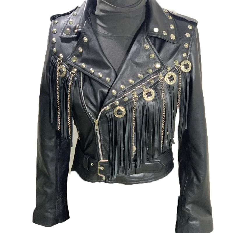 stylish knit jacket for women -Western fringed women's biker jacket