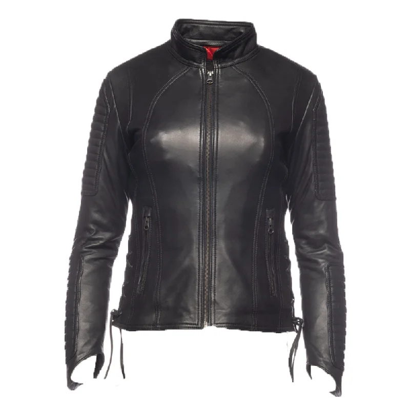 women's double-breasted coat -Maxine Noir Leather Jacket With Side Lacing