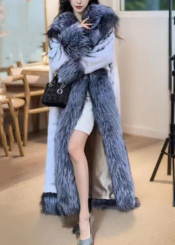 stylish fleece-lined coat for women -Natural White Fox Collar Tie Waist Leather And Fur Maxi Coats Winter