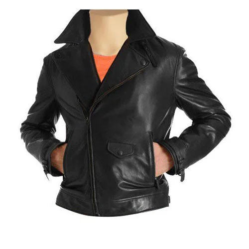 classic camel coat for ladies -Black biker style jacket with notch lapels