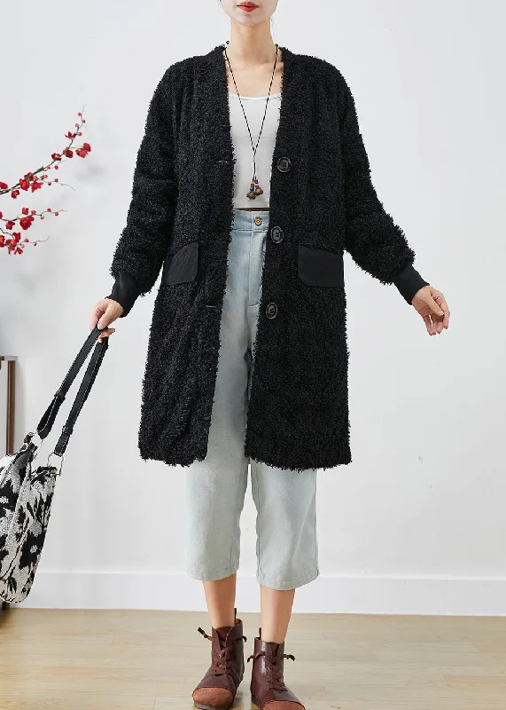 professional work blazer for women -Elegant Black Oversized Patchwork Faux Fur Teddy Coat Fall