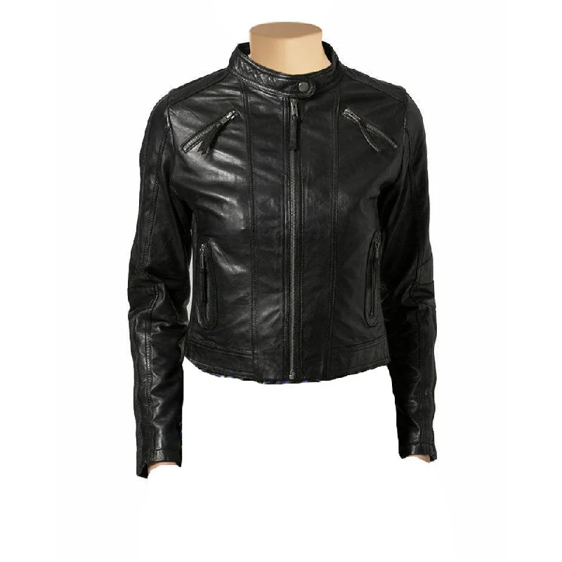 women's varsity bomber jacket -Women’s Cropped Café Racer Leather Jacket With Band Collar