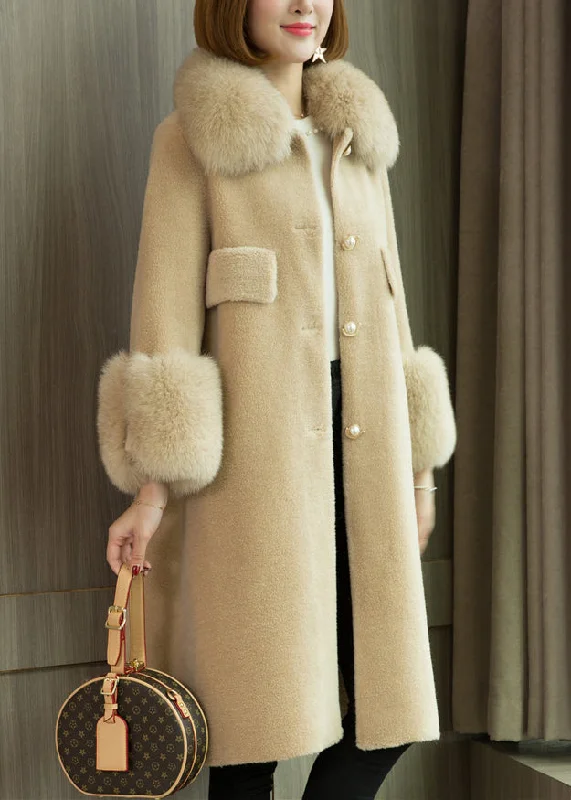 luxury designer winter coat for women -Italian Apricot Fur Collar Pockets Teddy Faux Fur Coats Winter