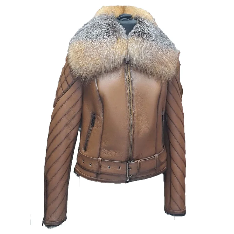 women's travel-friendly jacket -Lumins  quilted shearling jacket with crystal fox fur