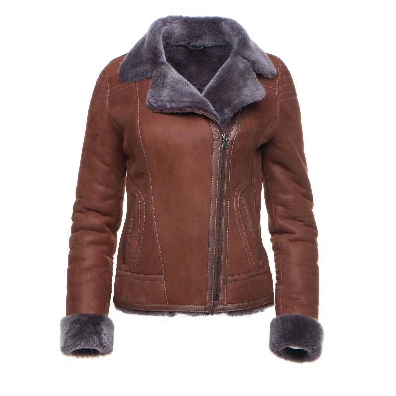 women's hooded winter jacket -Reyna's Tan Sheepskin Shearling B-3 Bomber Style Jacket