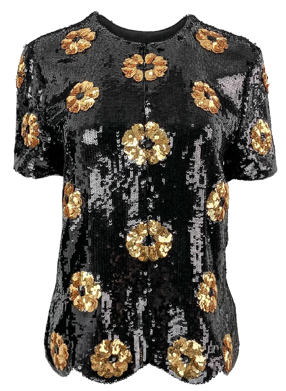 stylish wrap top for ladies -Brandon Maxwell Sutton Sequin Shirt in Black & Gold