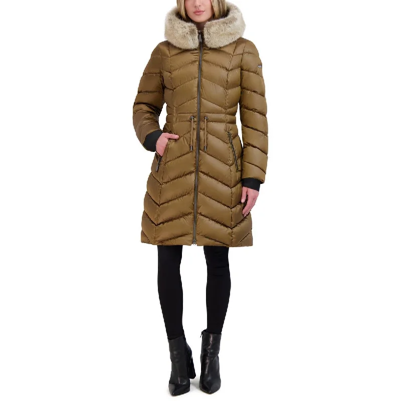 women's elegant cape coat -Womens Faux Fur Trim Hooded Puffer Jacket