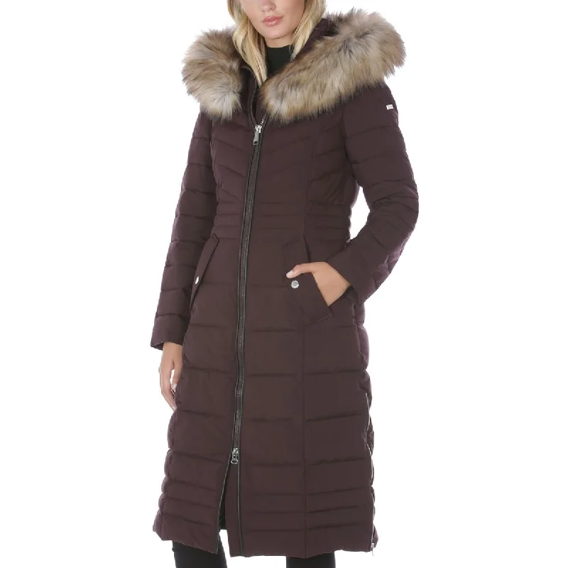 ladies' designer overcoat -Womens Faux Fur Trim Hooded Puffer Jacket