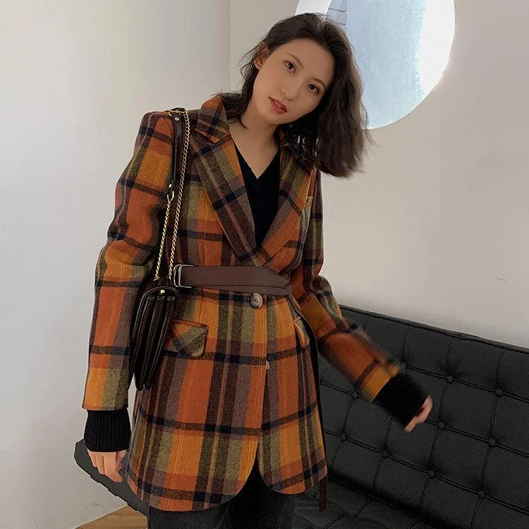 women's lightweight cargo jacket -Plaid Wool Blazer Suit Coat