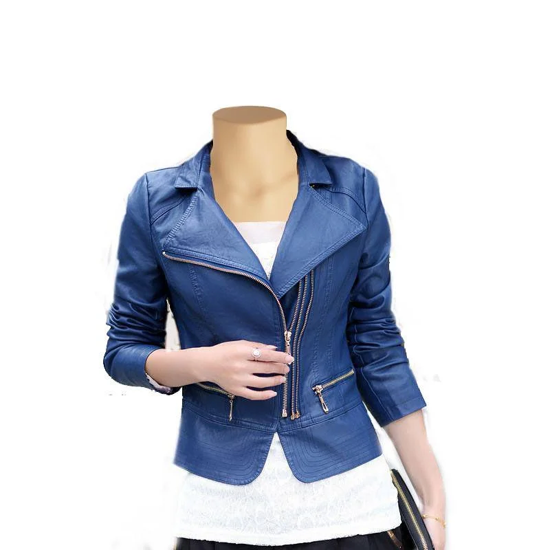 women's casual denim jacket -Blue slim fit double breasted leather jacket