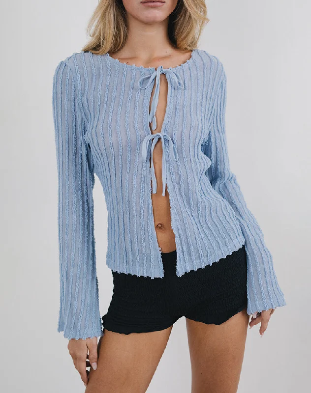 chic pleated detail top for ladies -Araceli Tie Front Cardigan in Crinkle Blue