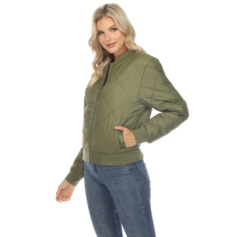 women's cropped bomber jacket -Women's Lightweight Diamond Quilted Puffer Bomber Jacket