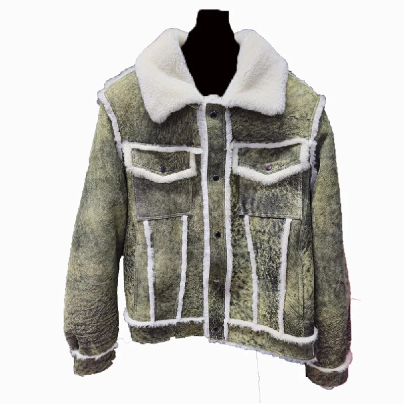 women's travel-friendly jacket -Hudson's Distressed Green Trucker Shearling Jacket