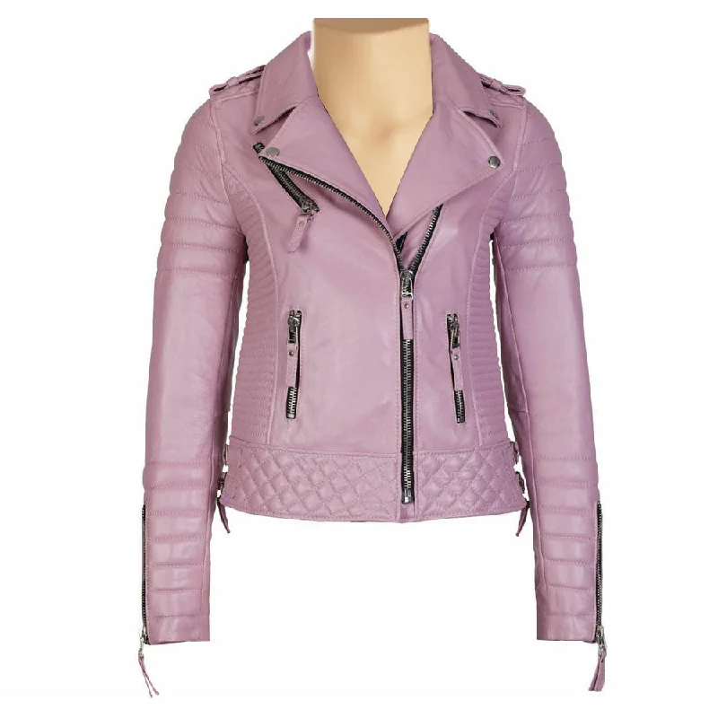 zip-up casual anorak jacket for women -Women’s Pink Quilted Biker Style Leather Jacket