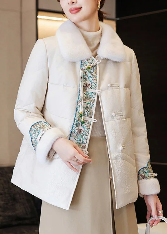 versatile trench coat for ladies -White Chinese Button Faux Leather Down Coats Fur Collar Winter