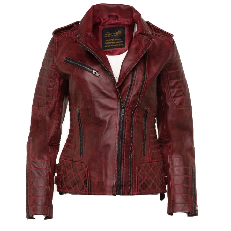 ladies' longline puffer coat -Marissa's Antique red diamond quilted leather jacket with double zipper