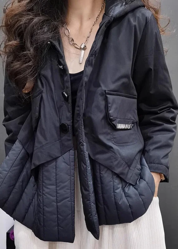 women's oversized corduroy jacket -Women Black Patchwork Fine Cotton Filled Hooded Jacket Long Sleeve