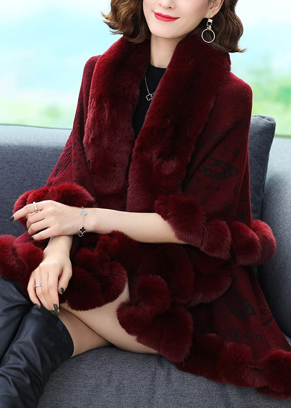 stylish knit jacket for women -Plus Size Wine Red Fur Collar Print Patchwork Woolen Coat Fall