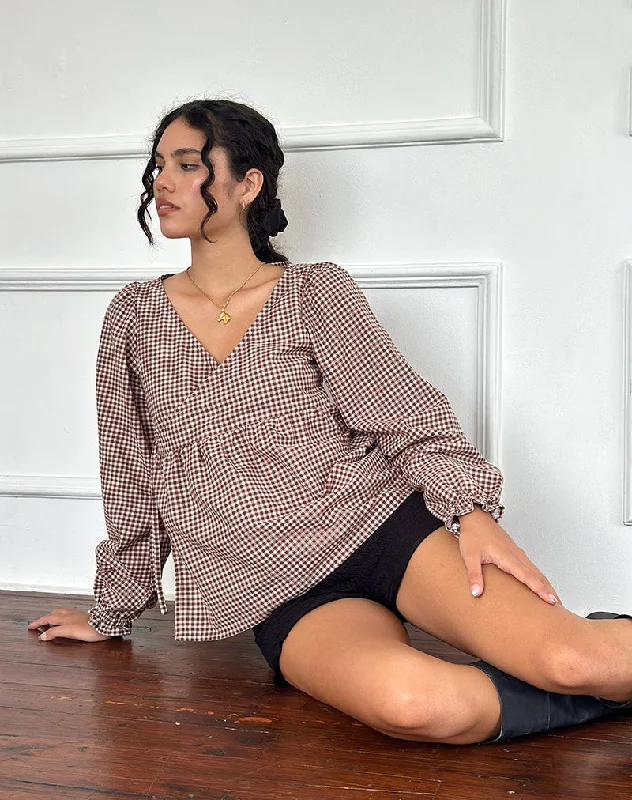 trendy puff sleeve crop top for ladies -Suzumi Wrap Blouse in Mini Gingham Brown