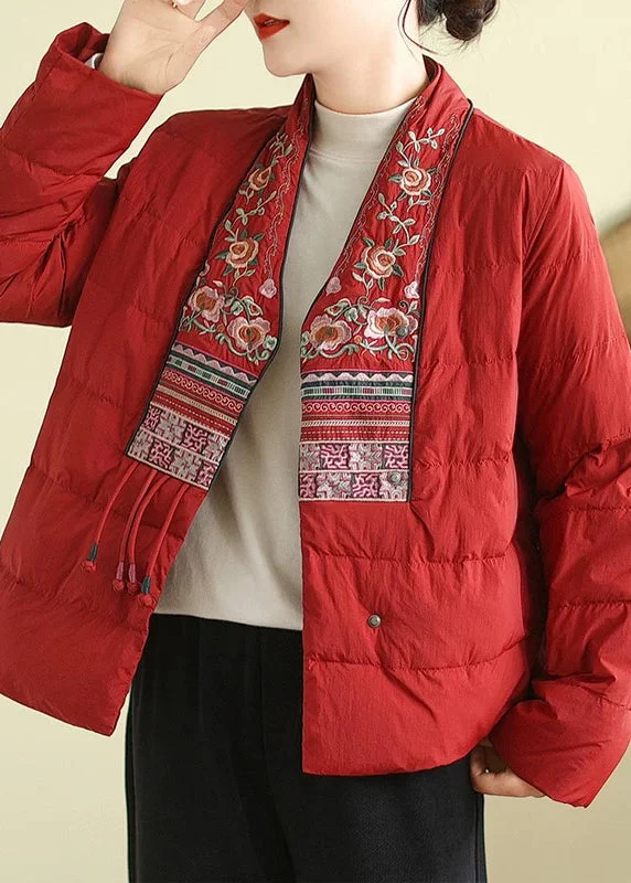 sustainable eco-friendly coat for women -Handmade Red V Neck Embroidered Cotton Filled Parkas Winter