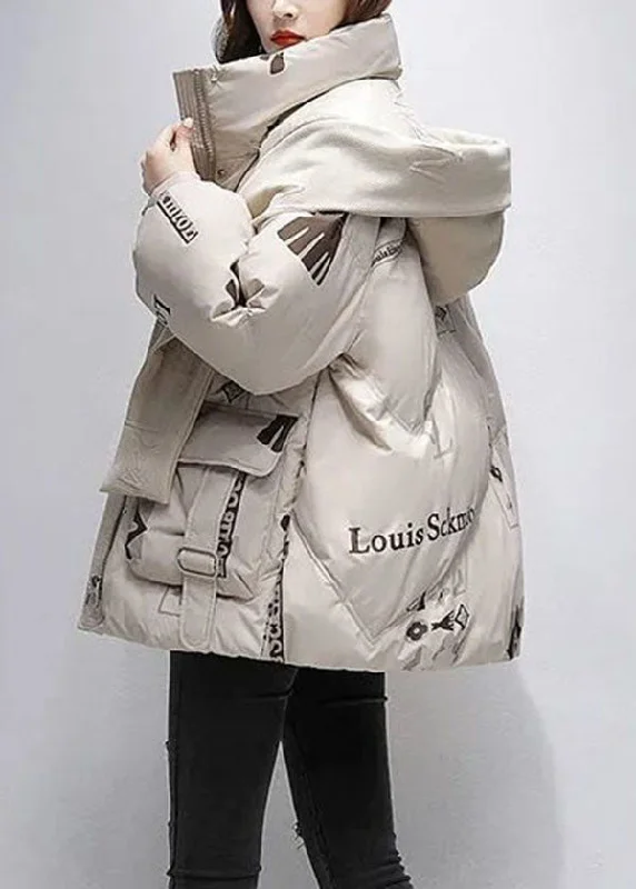 trendy plaid coat for women -Khaki Print Duck Down Puffer Jacket Hooded Oversized Winter