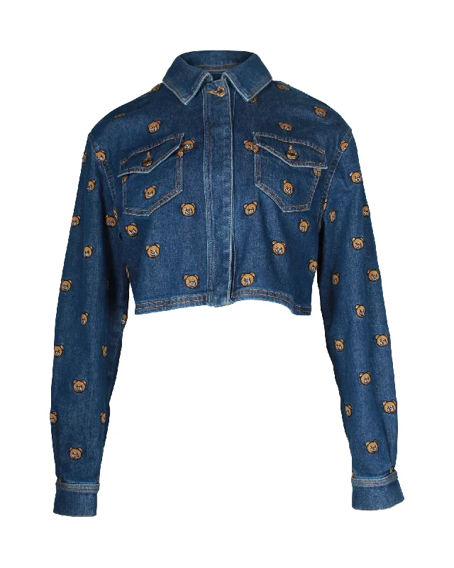 casual oversized shacket for women -Moschino Teddy Bear Embroidered Denim Jacket In Blue Cotton