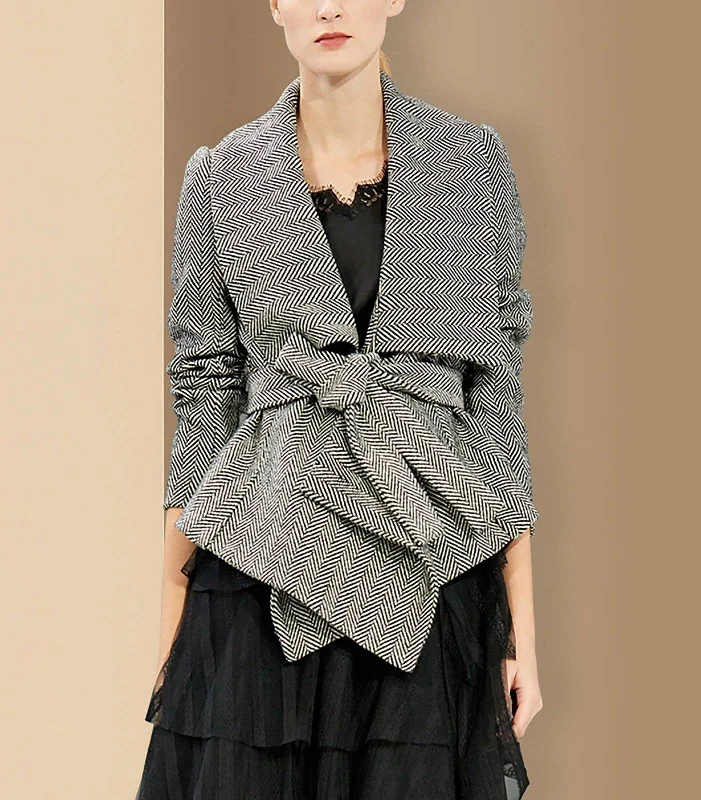 women's mid-length wool coat -Women Gray Herringbone Wool Blazer Coat