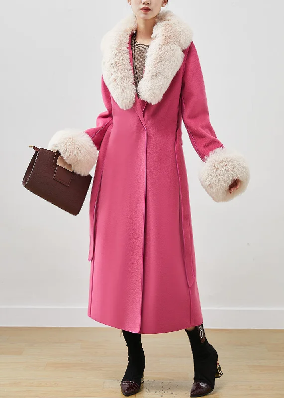 ladies' cashmere overcoat -Pink Silm Fit Woolen Coat Outwear Fur Collar Tie Waist  Fall