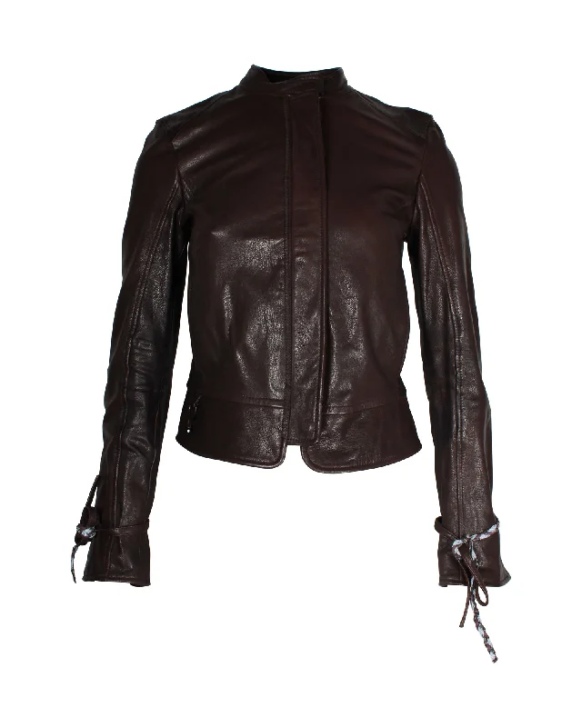 classic trench raincoat for women -Boss Jacket with Braided Details in Brown Leather